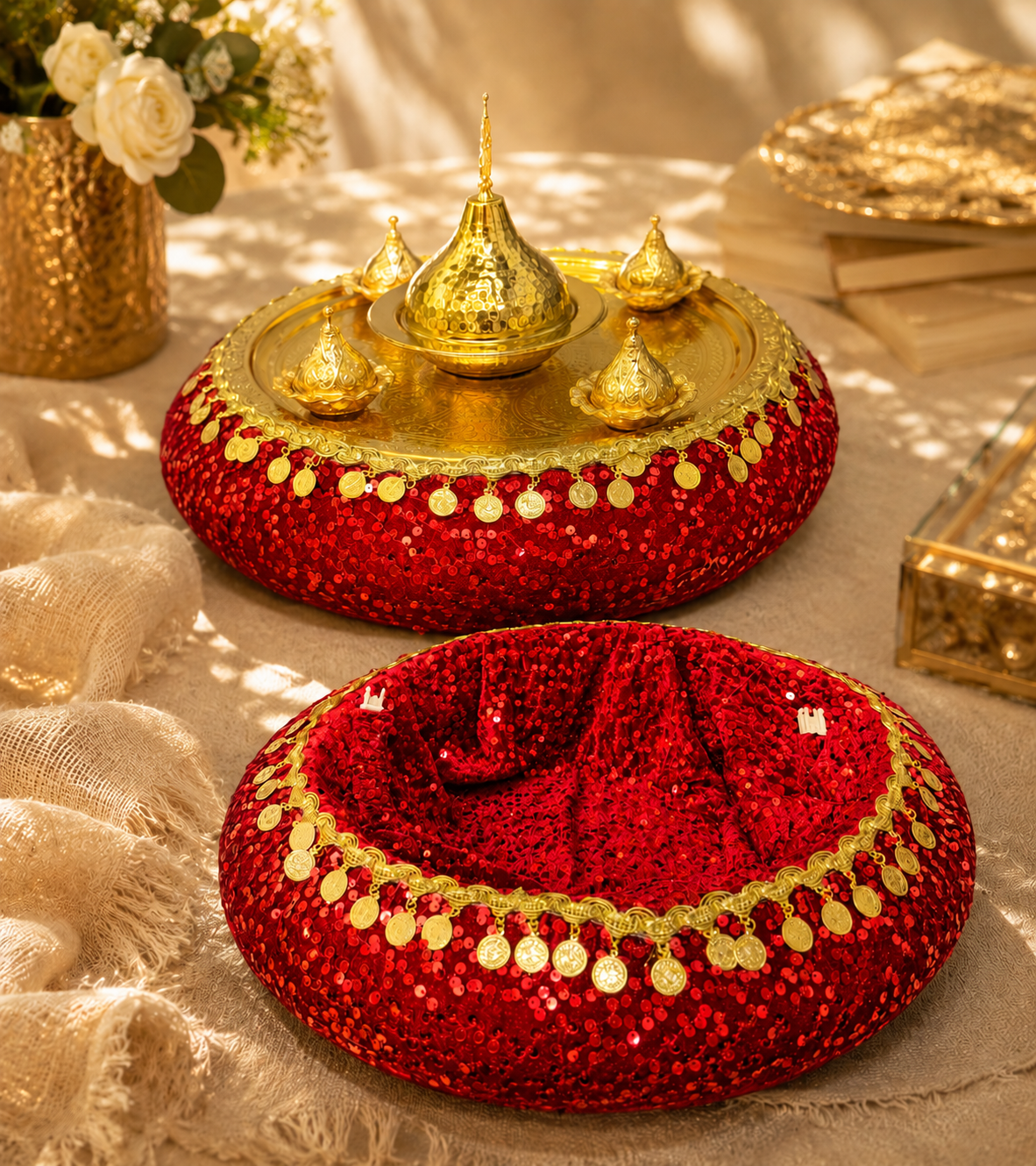 Rotes Henna Tablett Set mit passendem Henna Korb fuer Kina Gecesi und Hochzeit