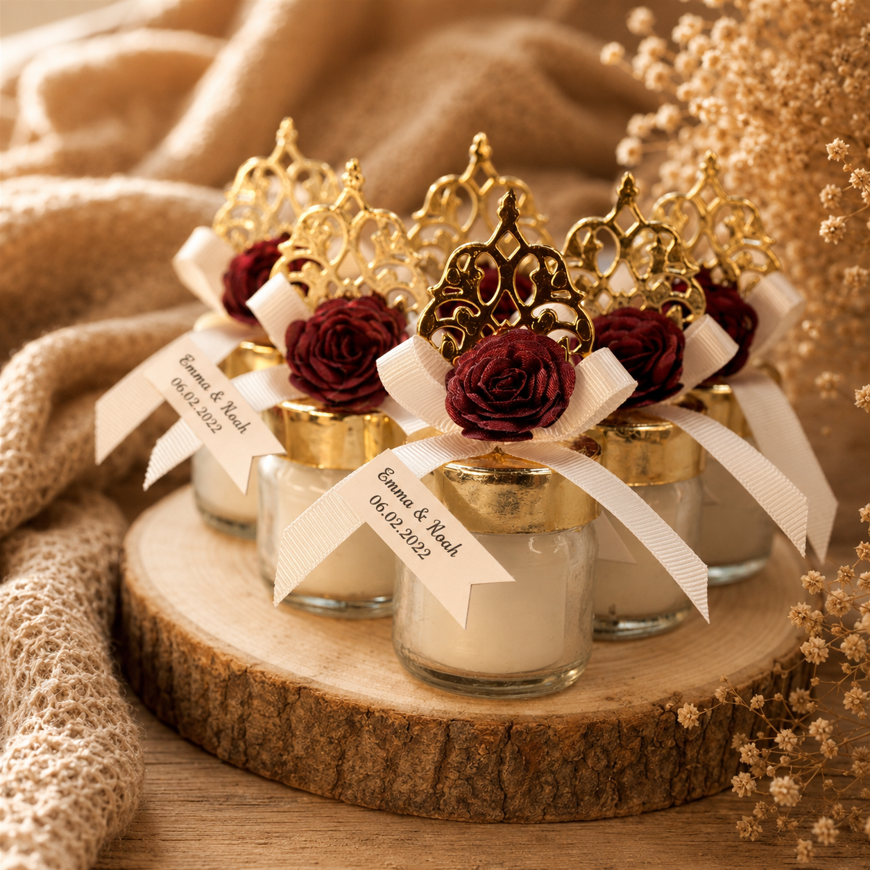 Personalisierte Kerze im Mini Glas mit goldfarbenem Deckel und roter Rose