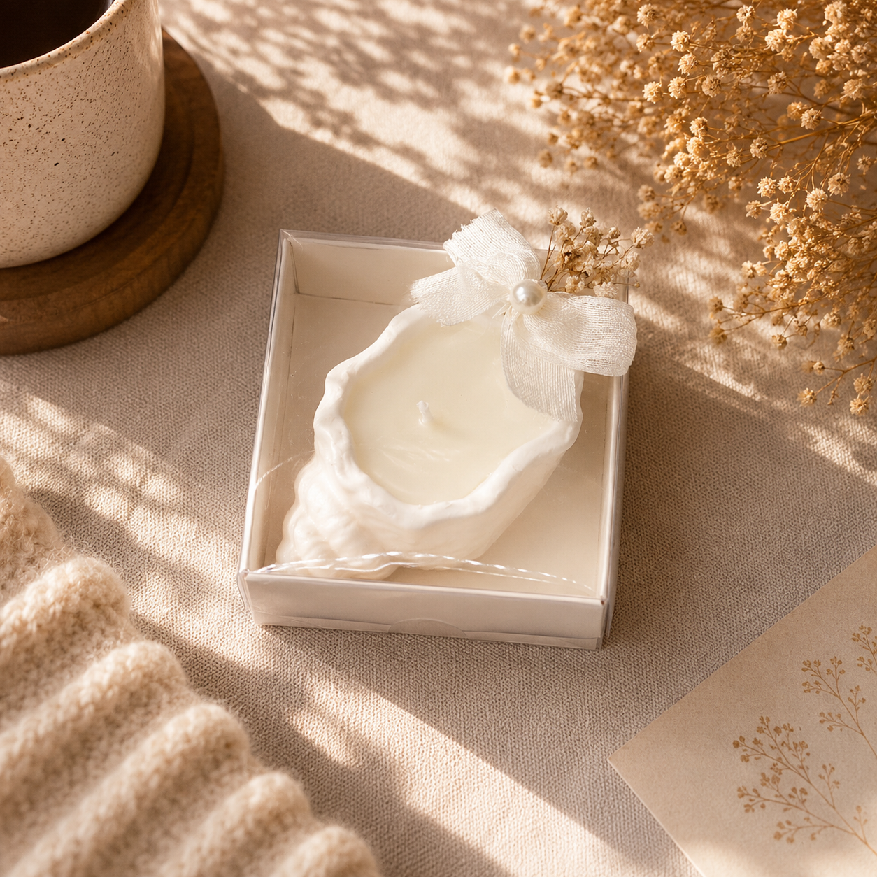 Weiße Muschelkerze in transparenter Box mit Schleife und Trockenblumen