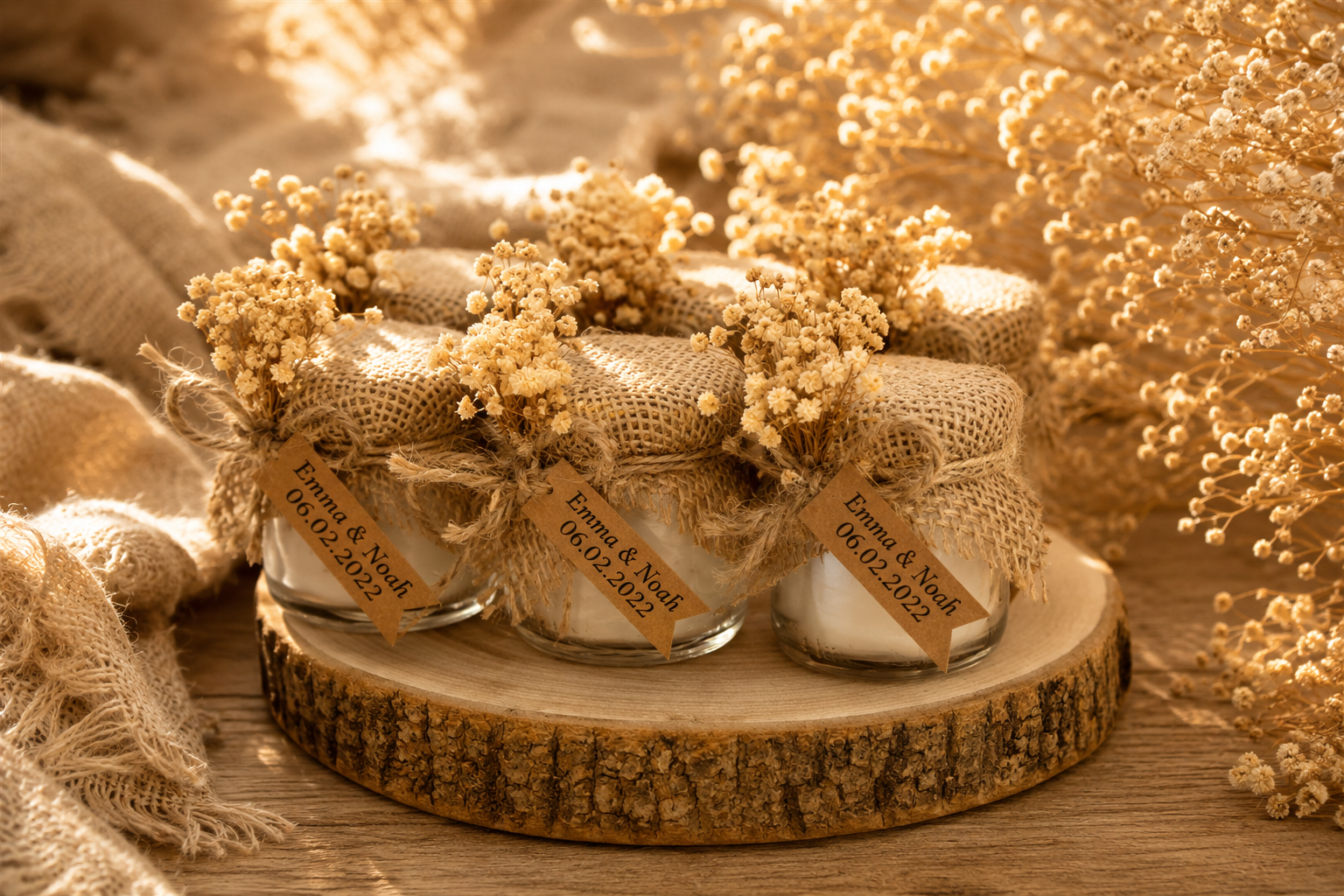Personalisierte Kerze im Glas mit Jute, Trockenblumen und Namensschild