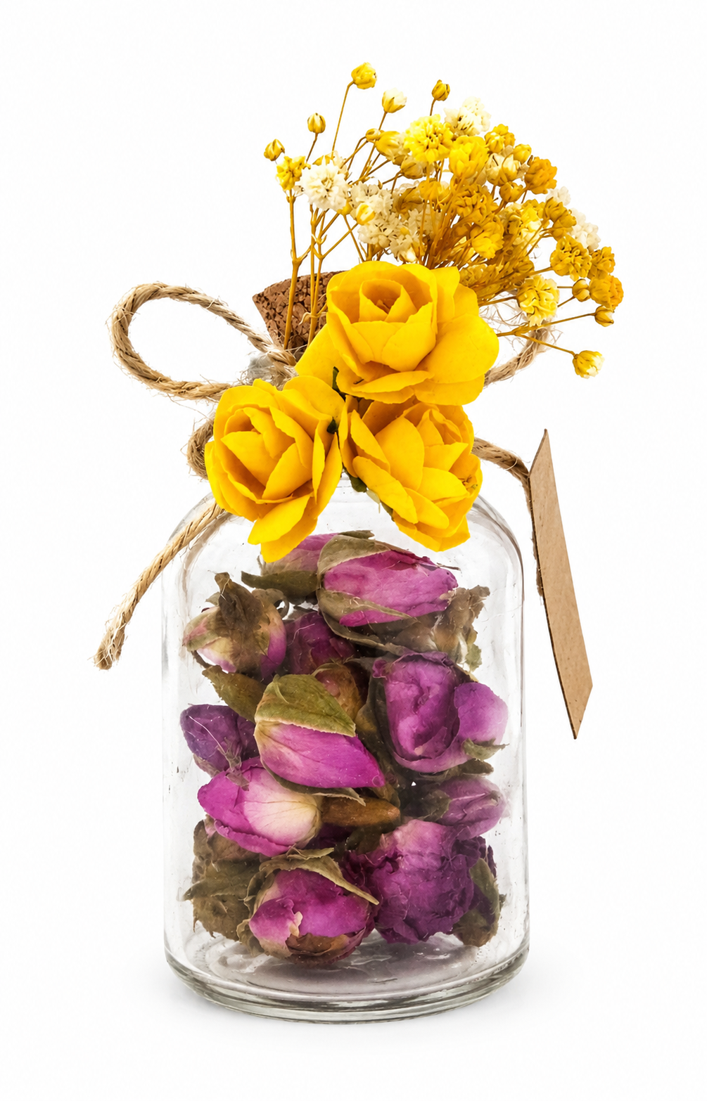 Personalisiertes Mini-Glas mit getrockneten Rosenknospen und gelber Blütendekoration