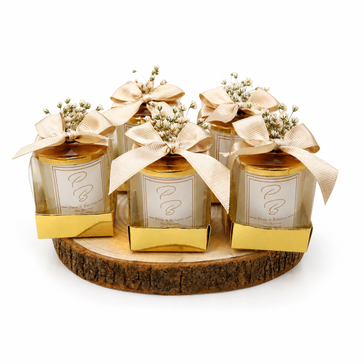Personalisierte Kerze im Glas mit Goldbox, Schleife & Trockenblumen