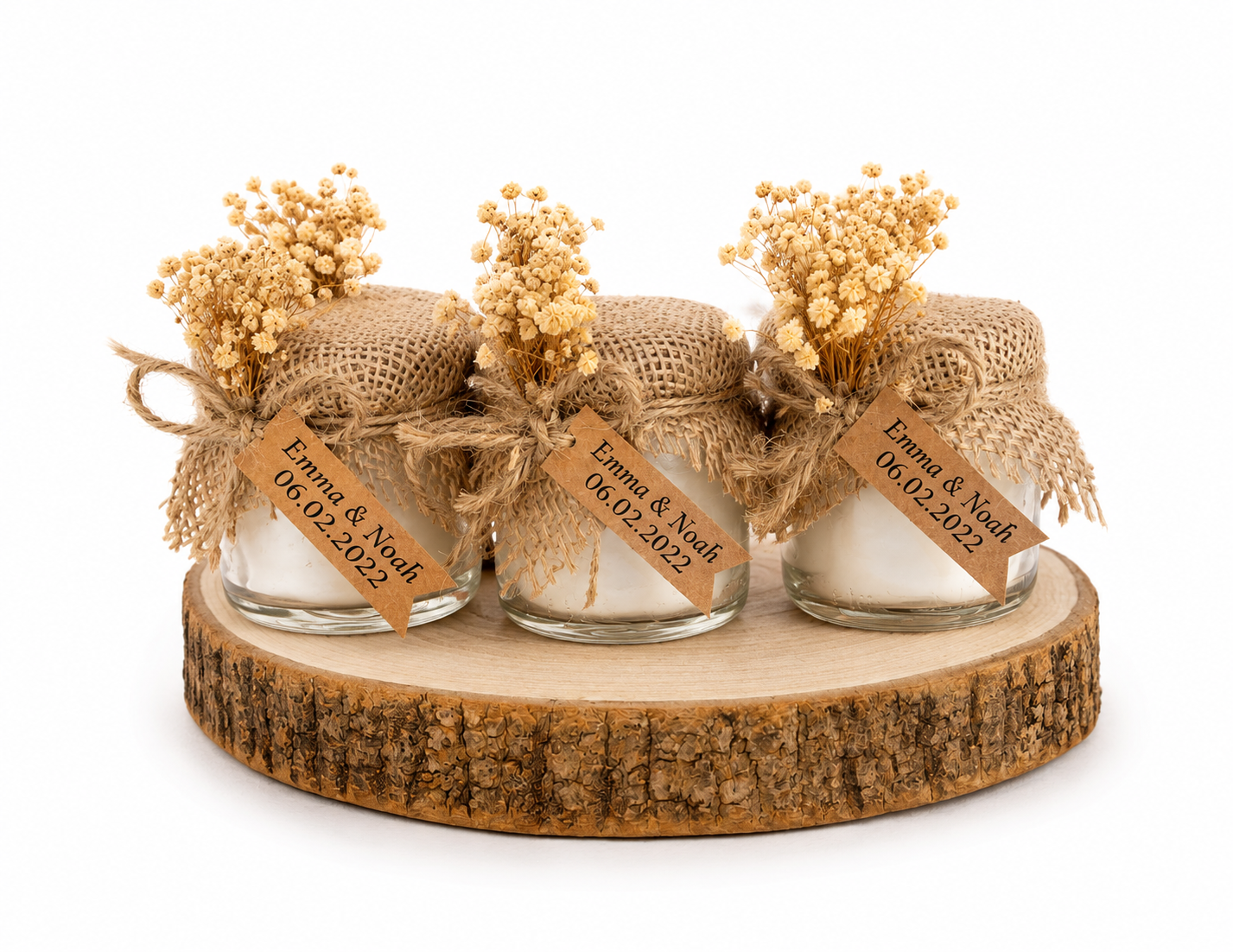 Personalisierte Kerze im Glas mit Jute, Trockenblumen und Namensschild