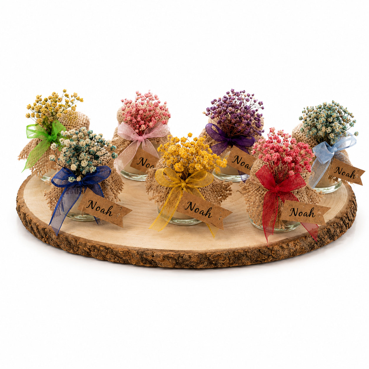 Personalisiertes Mini Glas Gastgeschenk mit Jute und Trockenblumen