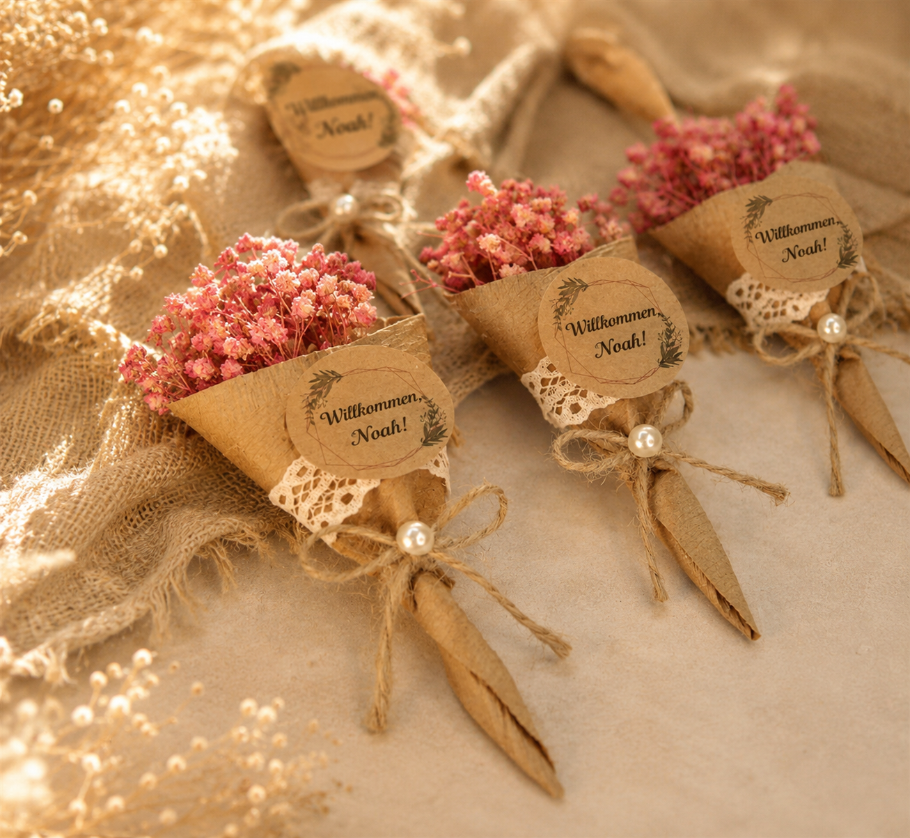 Personalisiertes Boho Gastgeschenk mit Trockenblumen in Kraftpapier Spitztüte
