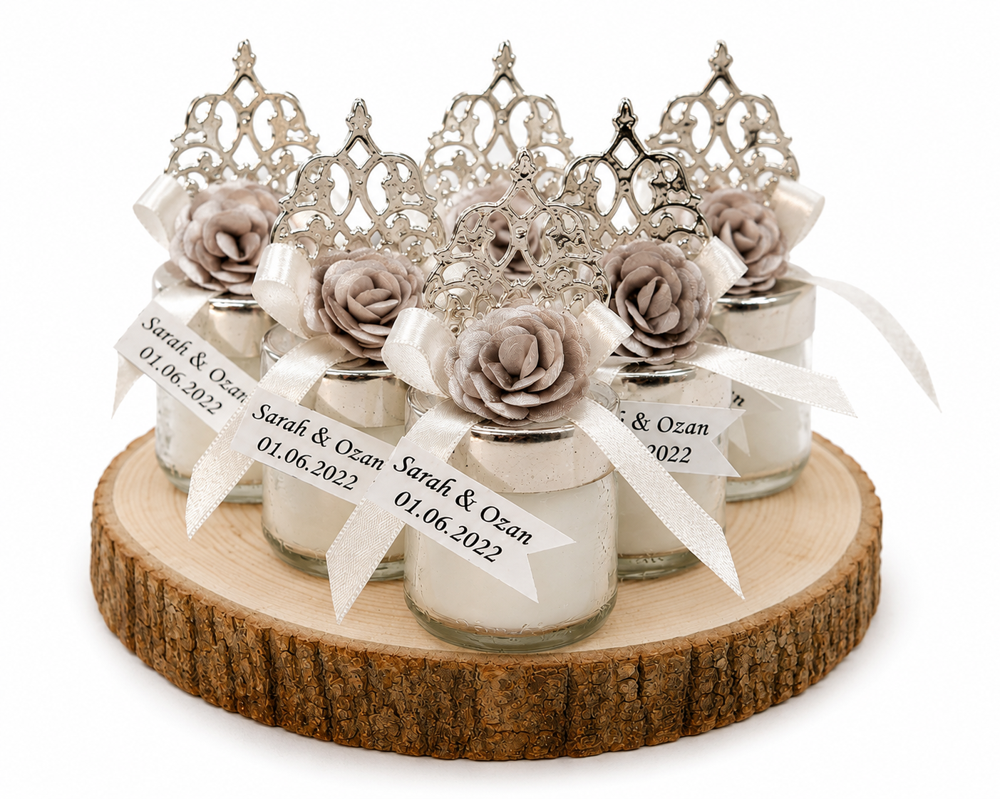 Personalisierte Kerze im Mini Glas mit silberner Rose und Namensanhänger