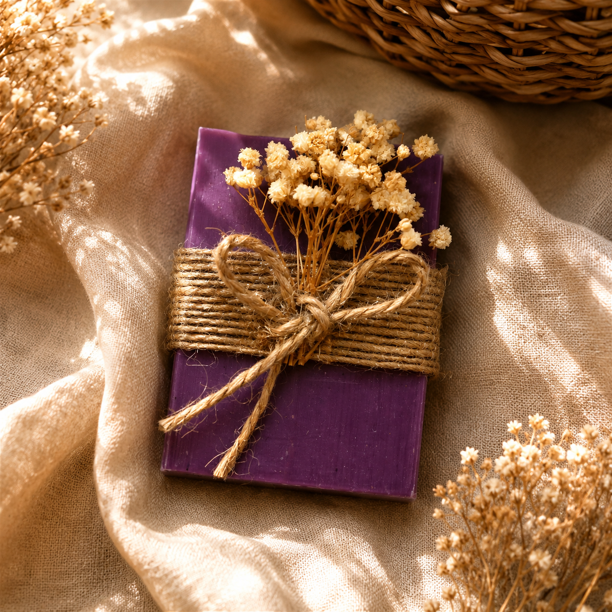 Lavendelseife in Lila mit Juteband und Trockenblumen