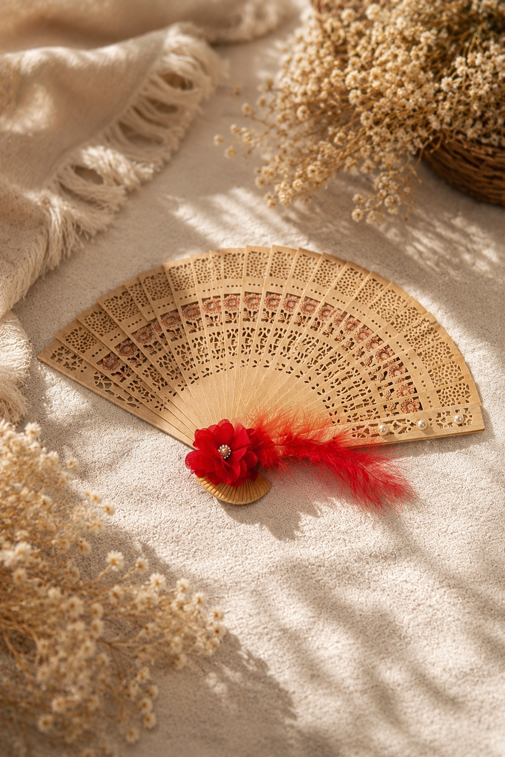 Dekorativer Handfächer aus Holz mit roter Blume, Feder und Perlen