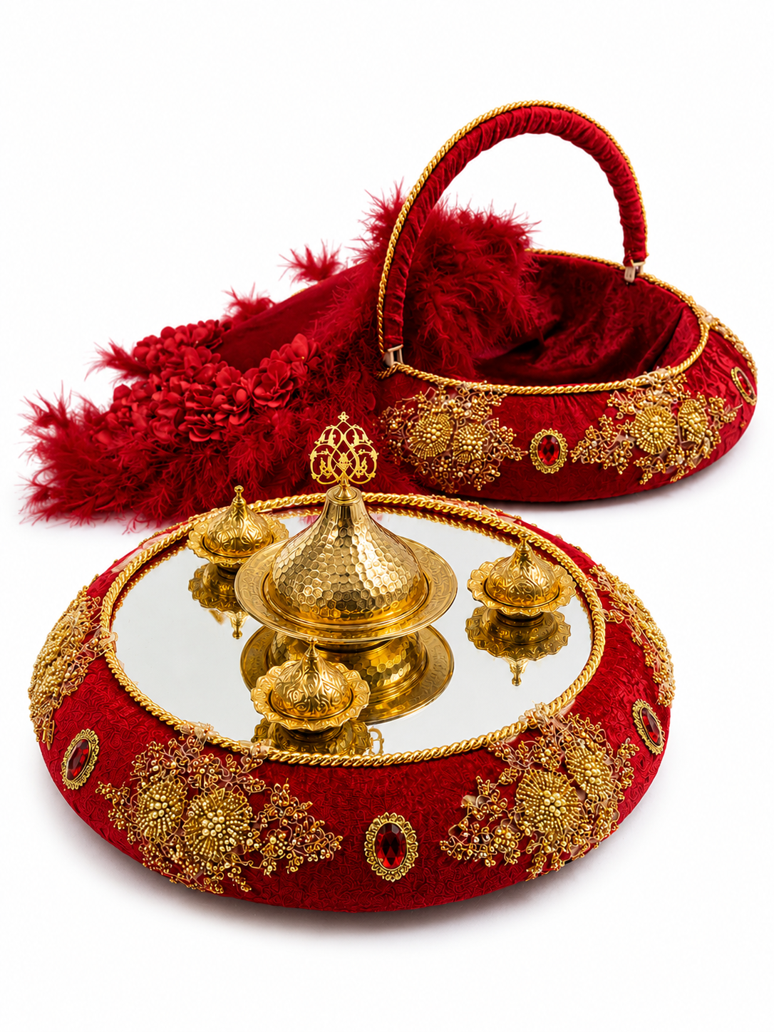 3-teiliges Henna Set mit Tablett, Korb und Braut-Tamburin in Creme Gold