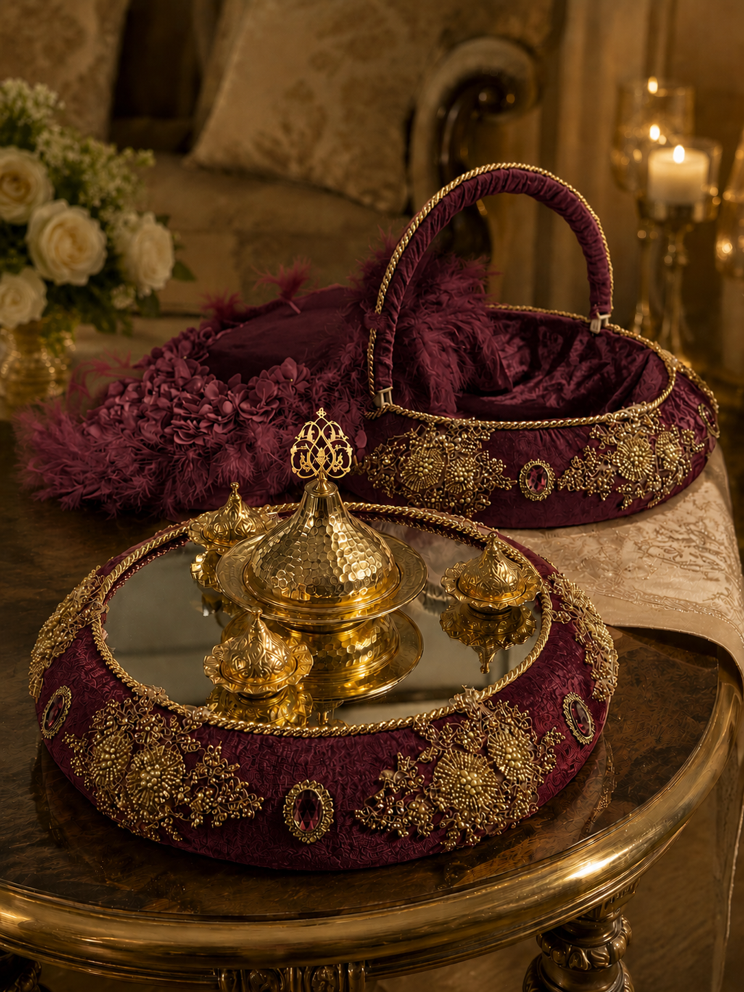 3-teiliges Henna Set mit Tablett, Korb und Braut-Tamburin in Creme Gold