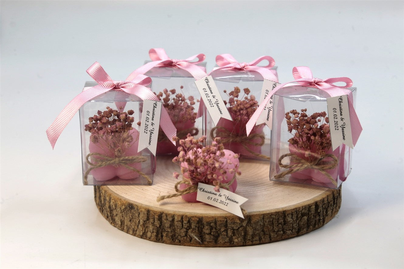 Personalisierte rosa Bubble Kerze mit Geschenkbox und Trockenblumen