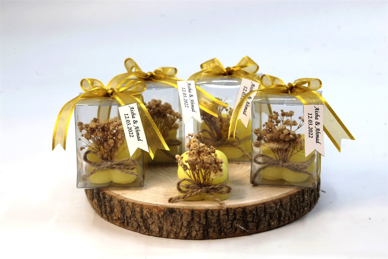 Personalisierte gelbe Bubble Kerze mit Geschenkbox und goldener Schleife