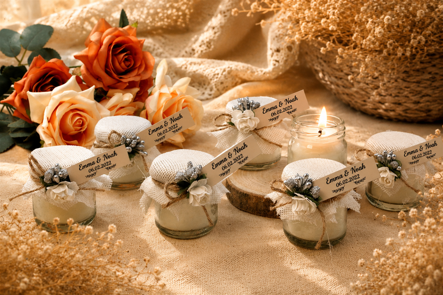 Personalisierte Kerze im Mini Glas mit Stoffdeckel, Jute und Namensetikett