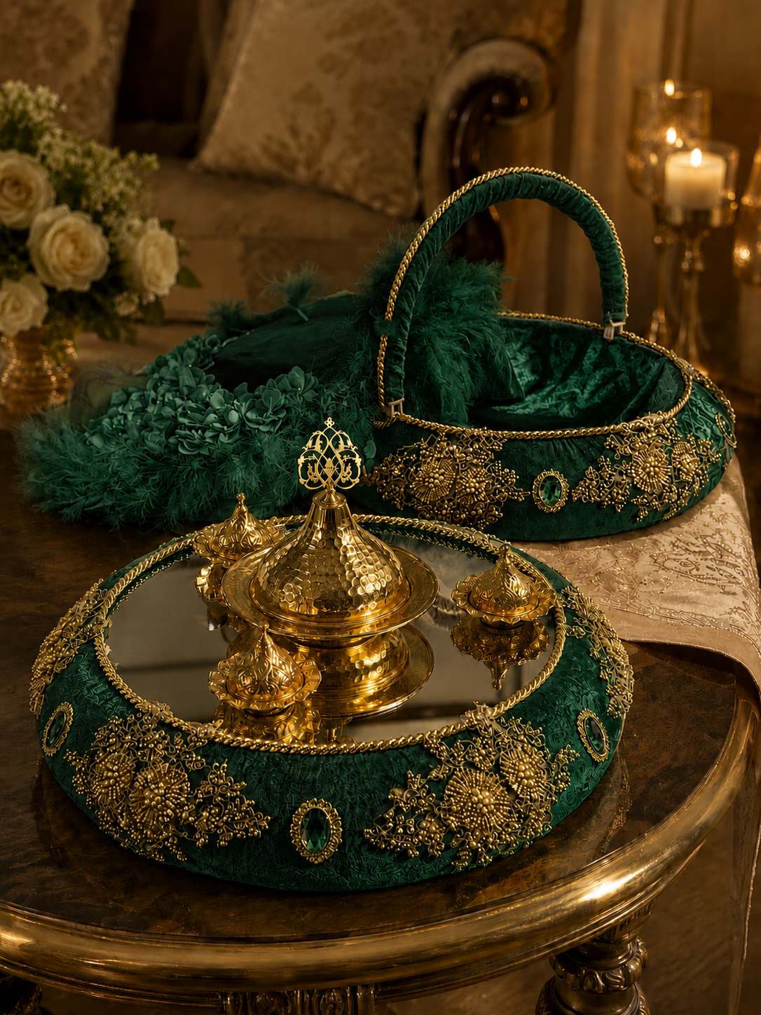 3-teiliges Henna Set mit Tablett, Korb und Braut-Tamburin in Creme Gold