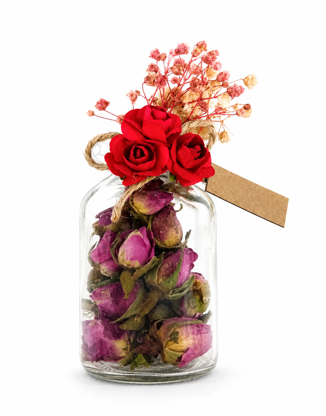 Personalisiertes Mini-Glas mit getrockneten Rosenknospen und roten Blüten