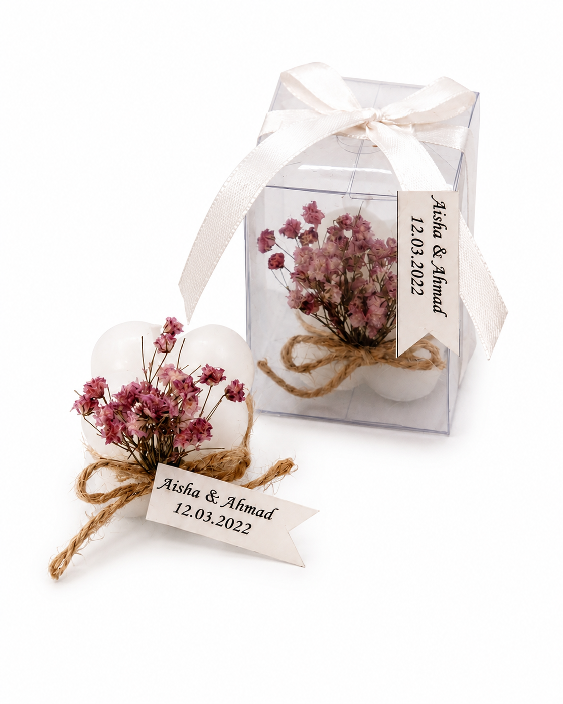 Personalisierte weisse Bubble Kerze mit Geschenkbox und Trockenblumen