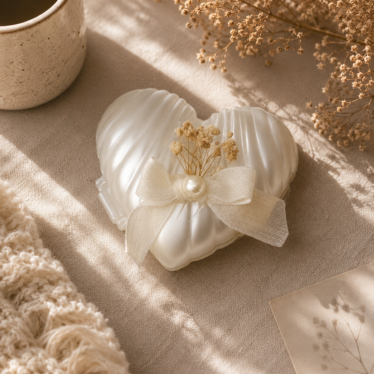 Perlweiße Herzkerze mit Schleife, Perle und Trockenblumen