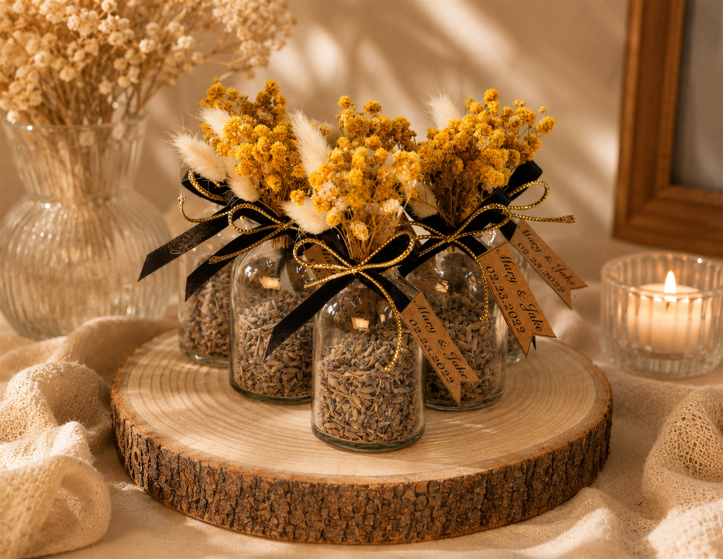 Personalisierte Lavendel-Fläschchen mit gelben Trockenblumen und schwarzer Schleife