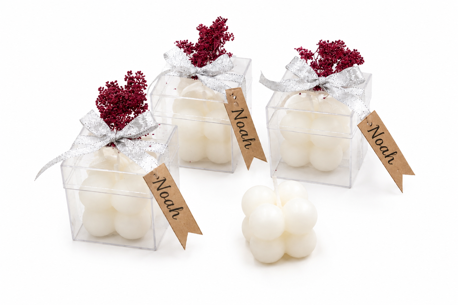 Personalisierte Bubble Kerze in transparenter Geschenkbox mit Silber Schleife