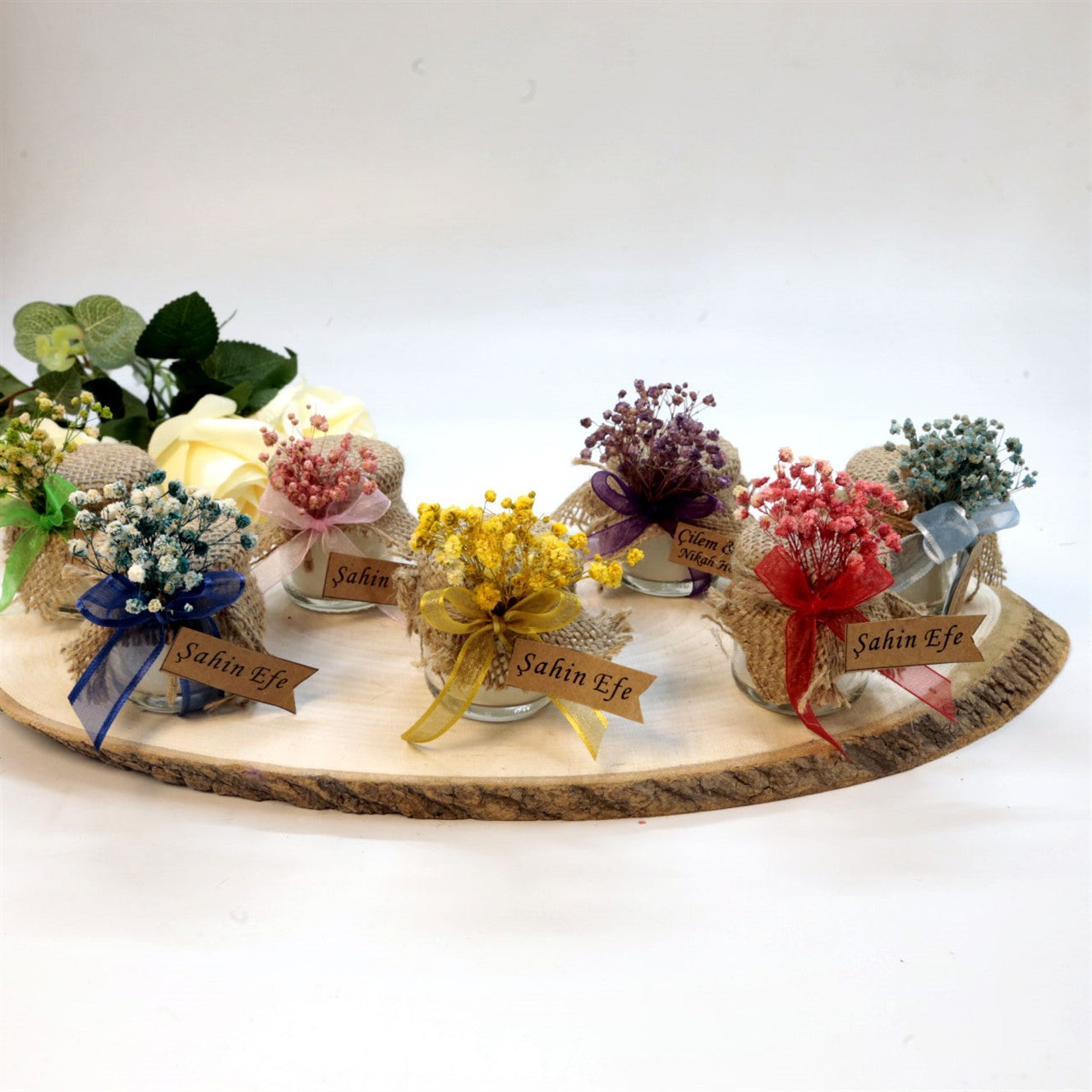 Personalisiertes Mini Glas Gastgeschenk mit Jute und Trockenblumen