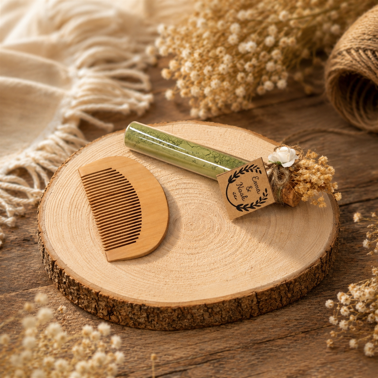 Personalisierter Mini-Holzkamm mit Henna-Glasröhrchen und Trockenblumen