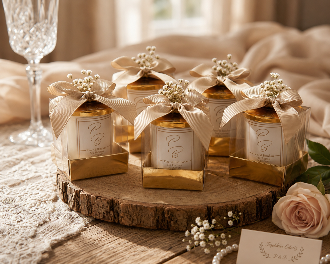 Personalisierte Kerze im Glas mit Goldbox, Schleife & Trockenblumen