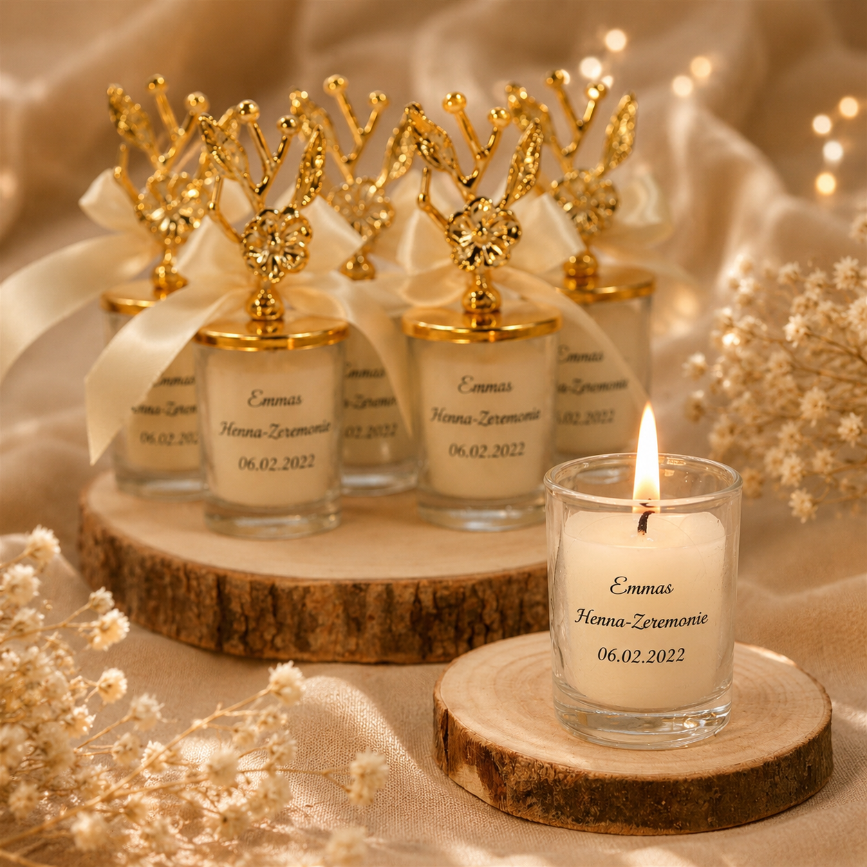 Personalisierte Kerze im Glas mit goldener Krone &amp; Schleife