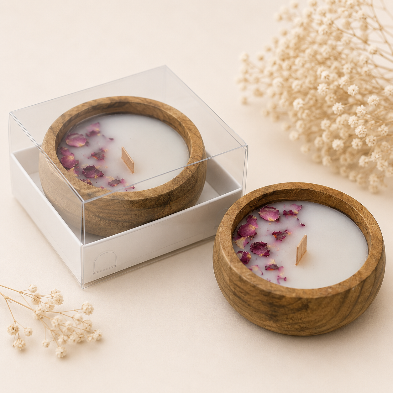 Runde Kerze in Holzschale mit Rosenblüten und transparenter Box