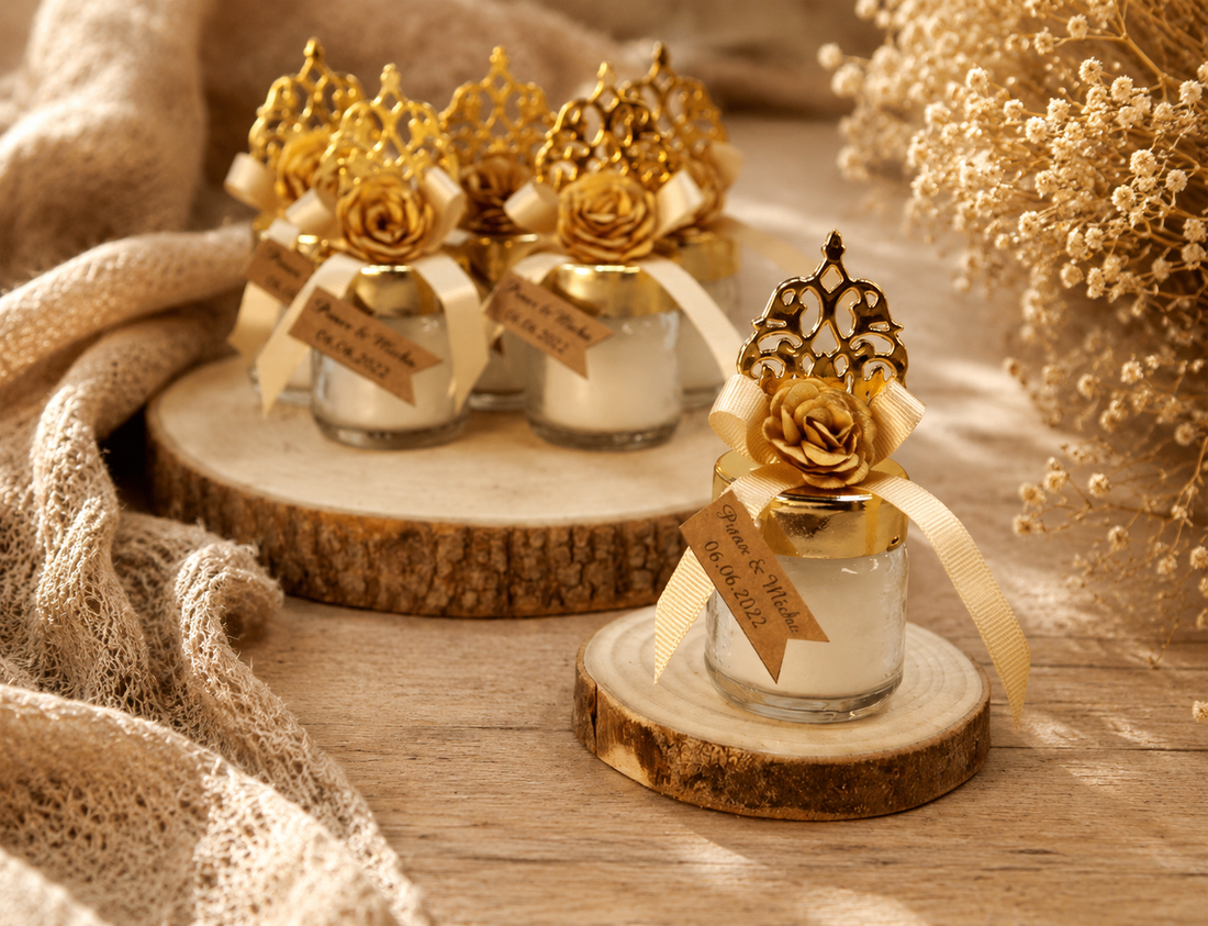 Personalisierte Kerze im Mini Glas mit goldfarbener Rose und Namensanhänger