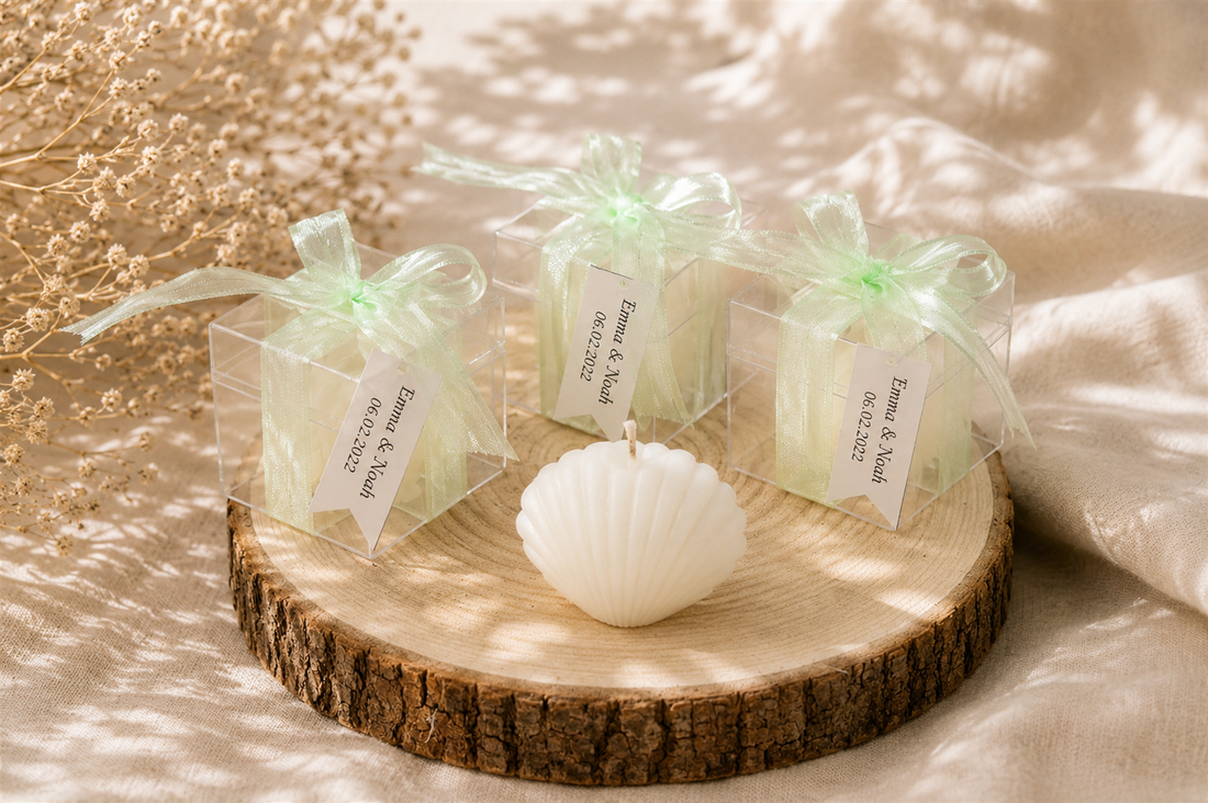 Personalisierte cremeweisse Muschelkerze mit Geschenkbox und mintgruener Schleife