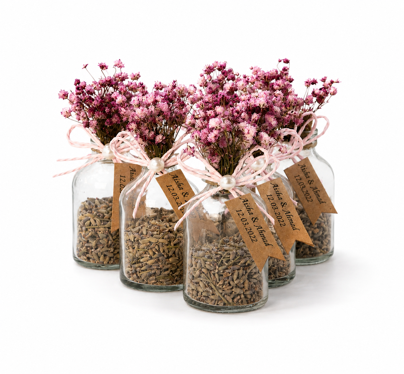Personalisierte Lavendel-Fläschchen mit lila Trockenblumen und rosa Schleife
