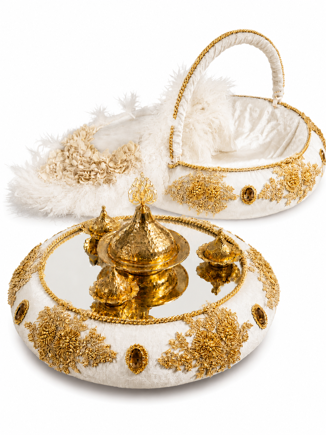 3-teiliges Henna Set mit Tablett, Korb und Braut-Tamburin in Creme Gold