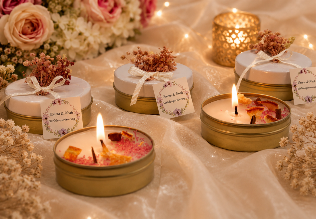 Personalisierte Kerze in goldener Metalldose mit Blumen, Schleife &amp; Etikett