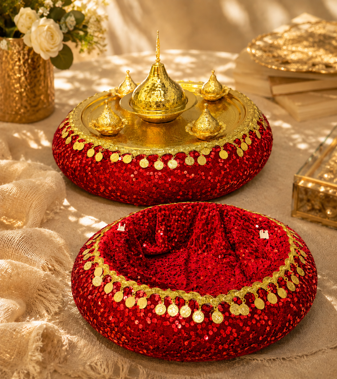 Rotes Henna Tablett Set mit passendem Henna Korb fuer Kina Gecesi und Hochzeit