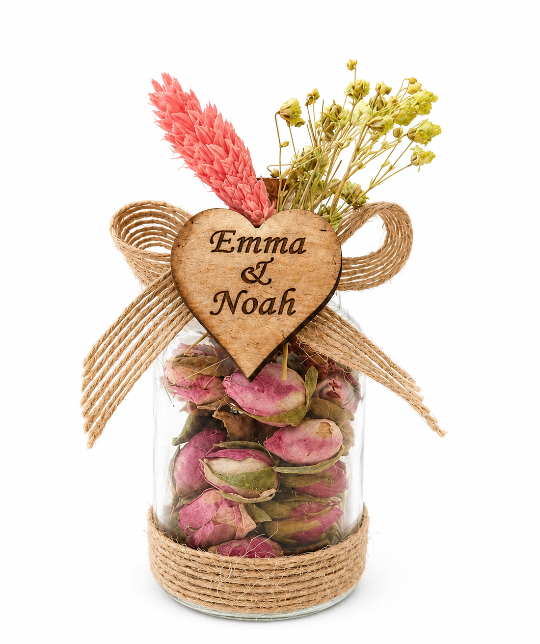 Personalisiertes Mini-Glas mit getrockneten Rosenknospen und Herz-Anhänger