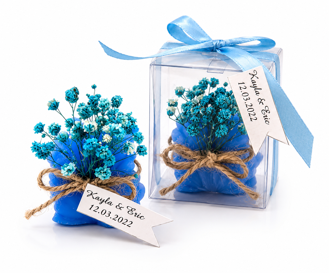 Personalisierte blaue Bubble Kerze mit Geschenkbox und Trockenblumen