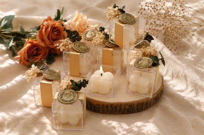 Bubble Kerze in transparenter Geschenkbox mit goldener Schleife und Siegeldeko