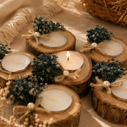 Rustikale Teelichtkerze in Holzscheibe mit blauen Trockenblumen und Perle