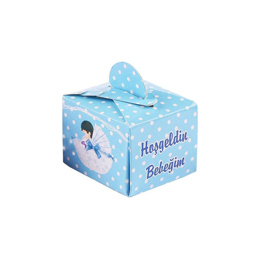 Blaue Geschenkbox mit Baby-Motiv