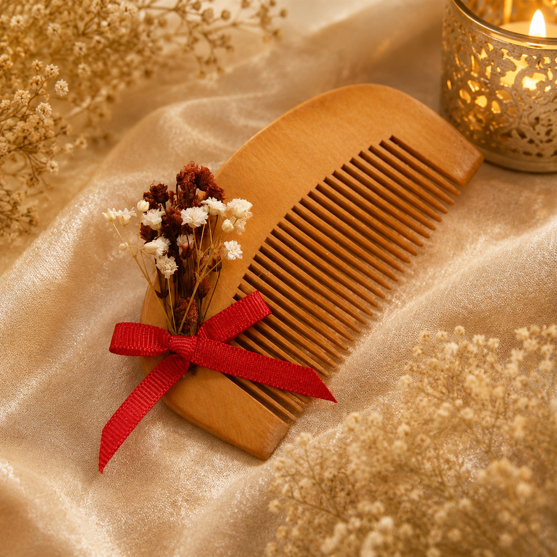 Holzkamm Gastgeschenk mit roter Schleife und Trockenblumen