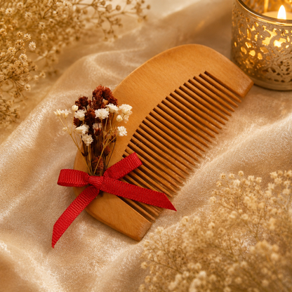 Holzkamm Gastgeschenk mit roter Schleife und Trockenblumen