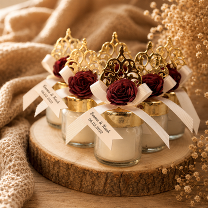 Personalisierte Kerze im Mini Glas mit goldfarbenem Deckel und roter Rose