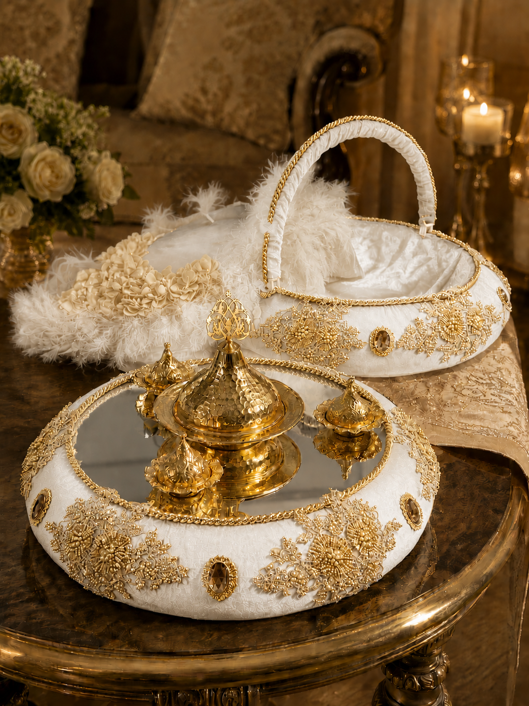 3-teiliges Henna Set mit Tablett, Korb und Braut-Tamburin in Creme Gold