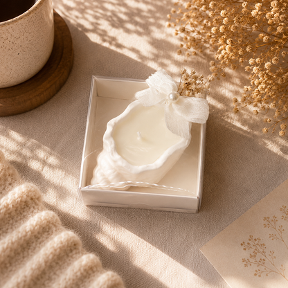Weiße Muschelkerze in transparenter Box mit Schleife und Trockenblumen