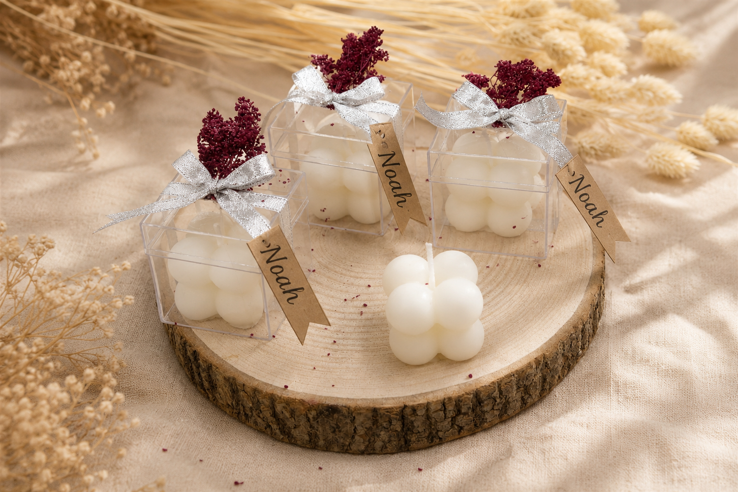 Personalisierte Bubble Kerze in transparenter Geschenkbox mit Silber Schleife