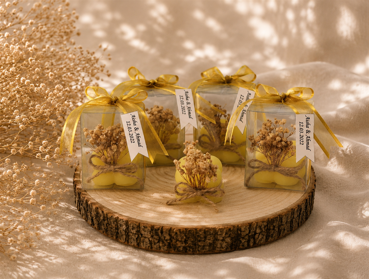 Personalisierte gelbe Bubble Kerze mit Geschenkbox und goldener Schleife