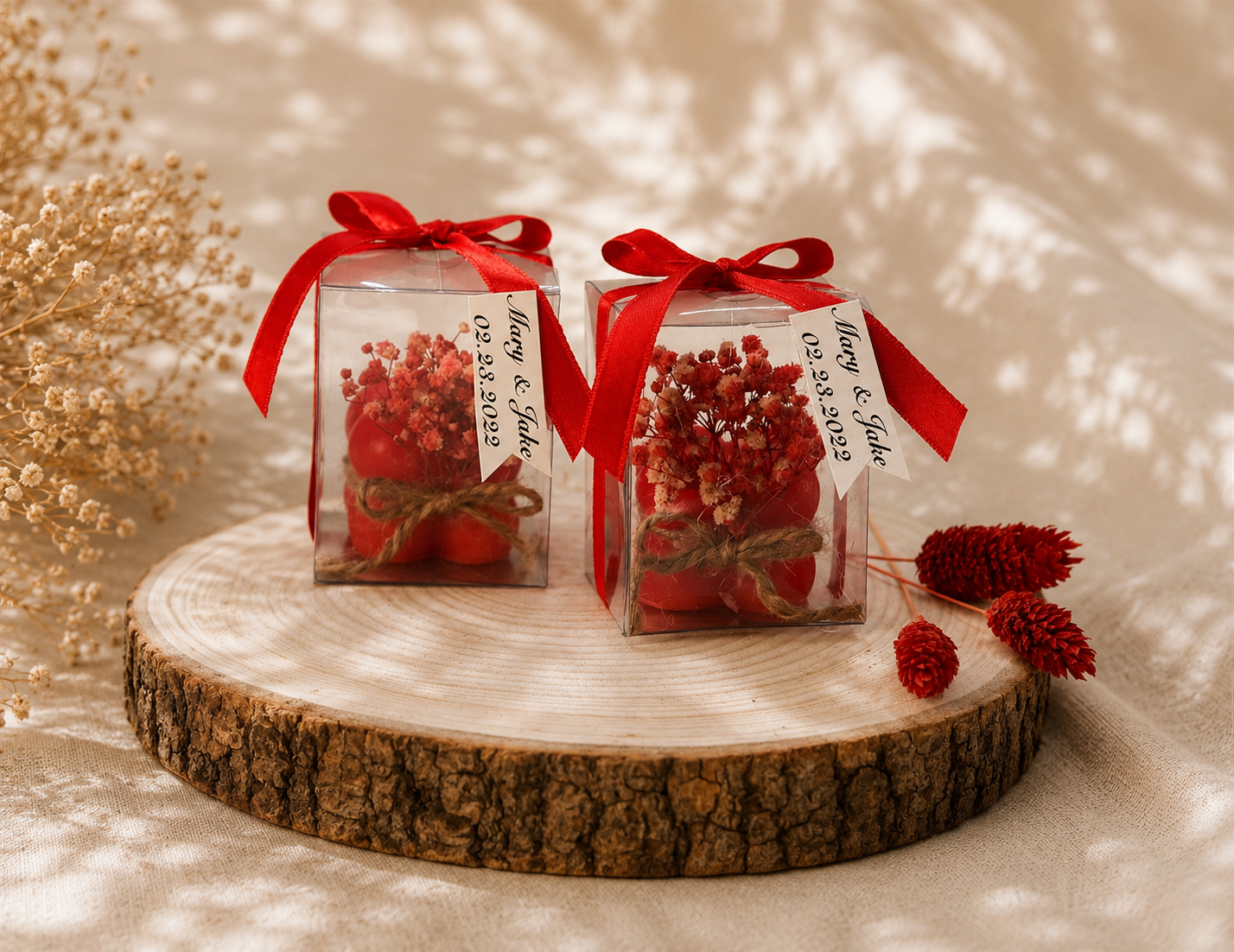 Personalisierte rote Bubble Kerze mit Geschenkbox und roter Schleife