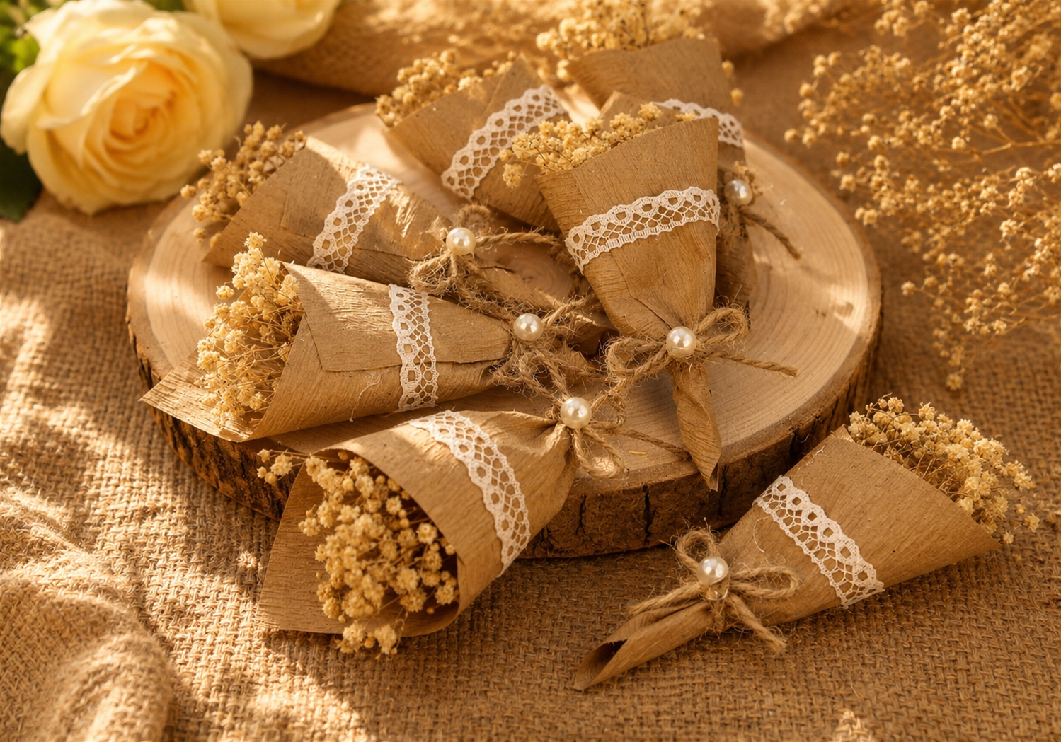 Boho Gastgeschenk Spitztuete mit Trockenblumen, Spitze und Perle