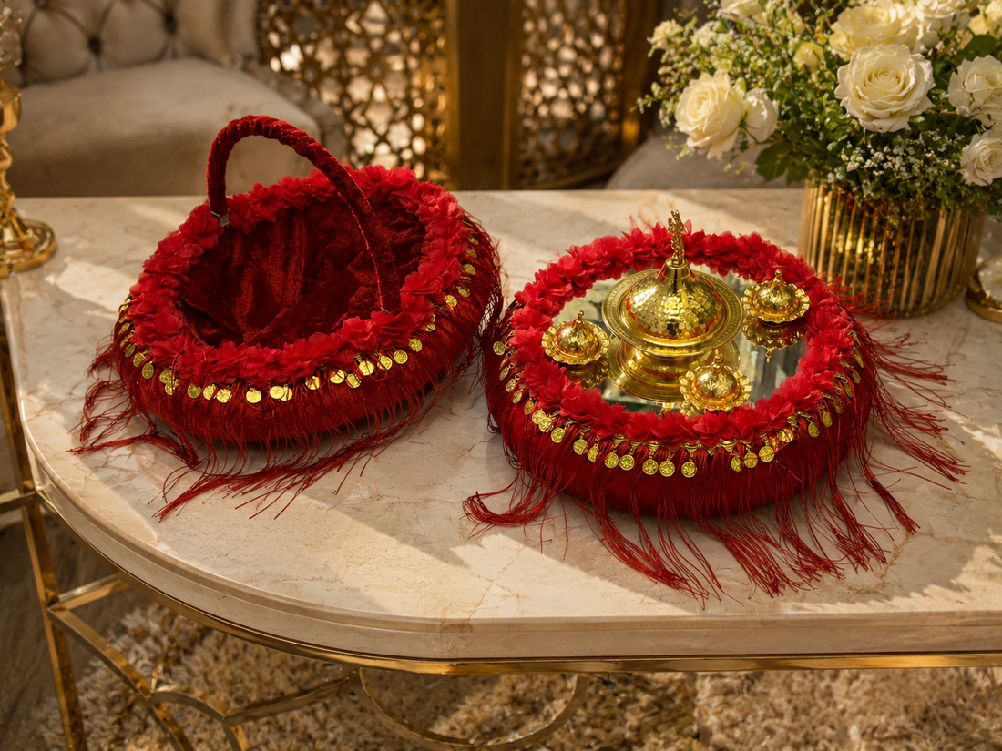 2-teiliges Henna Set mit Korna Tepsi und Henna Korb in Rot Gold