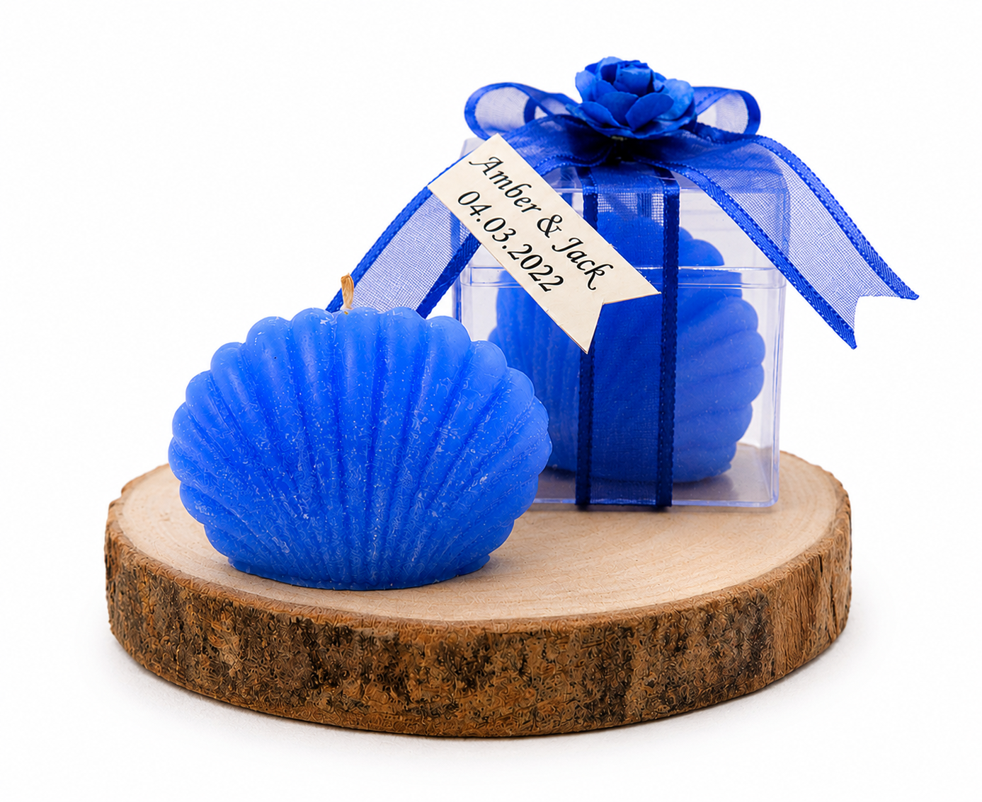 Personalisierte blaue Muschelkerze mit Geschenkbox und Schleife